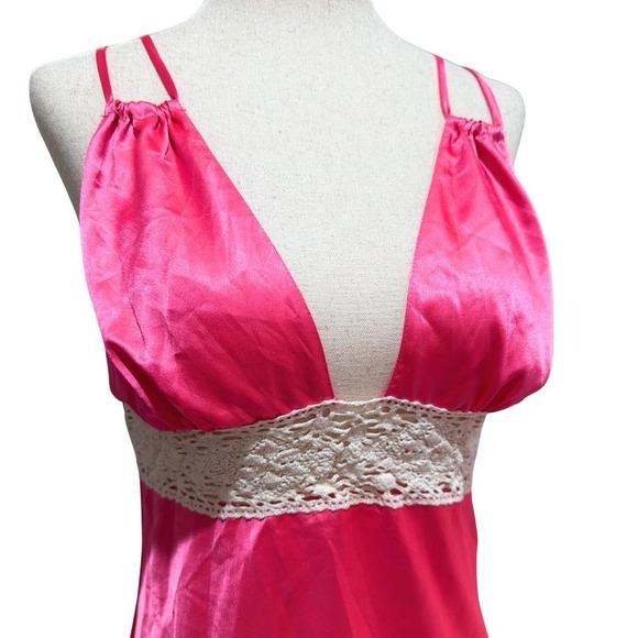 VTG Y2K 2005 Victoria's Secret Pink Satin & Cotton Lace Trim Babydoll Slip Dress - Picture 3 of 5